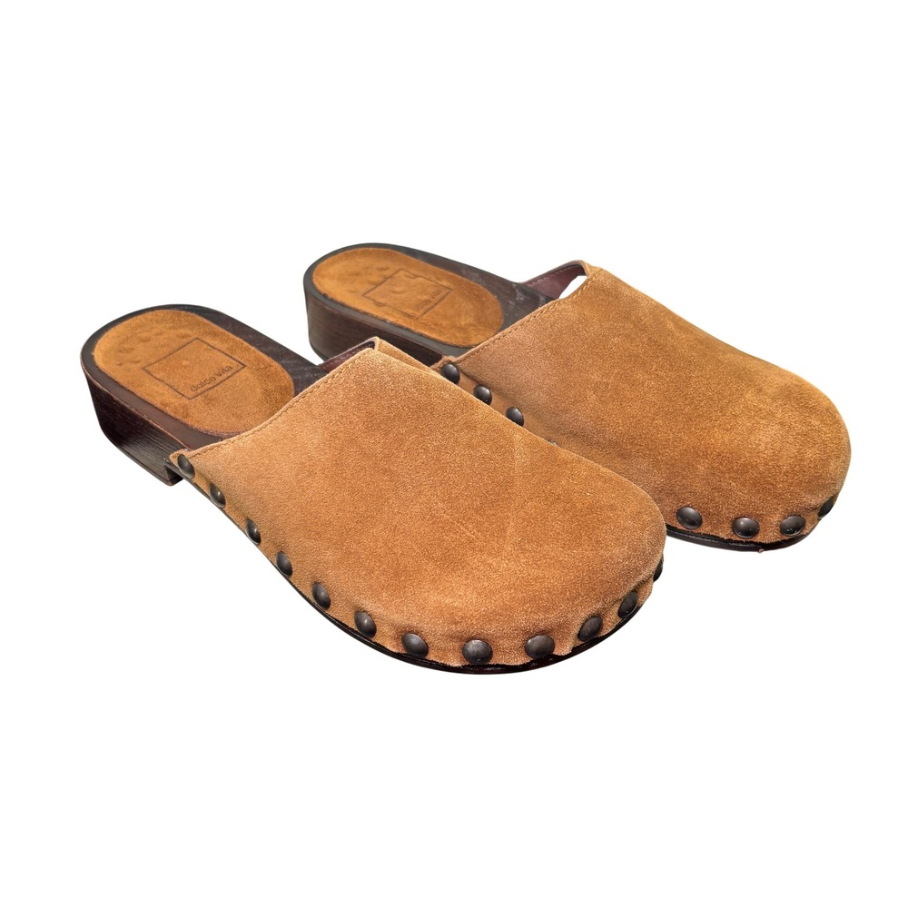 Dolce Vita Alanis Chestnut Suede Studded Wooden Platform Clog Mules Womens 8.0